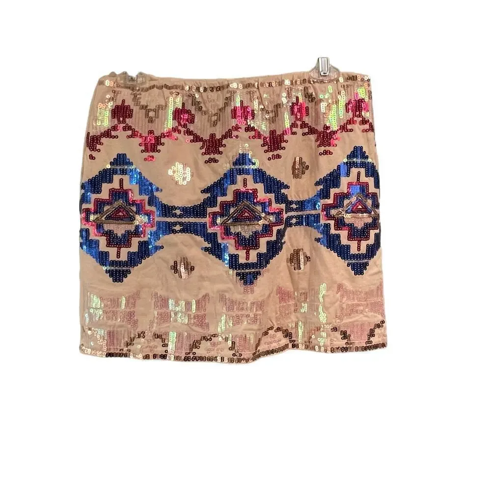 Hot & Delicious Sequin Aztec Skirt Size Medium Boutique Lined Pull On